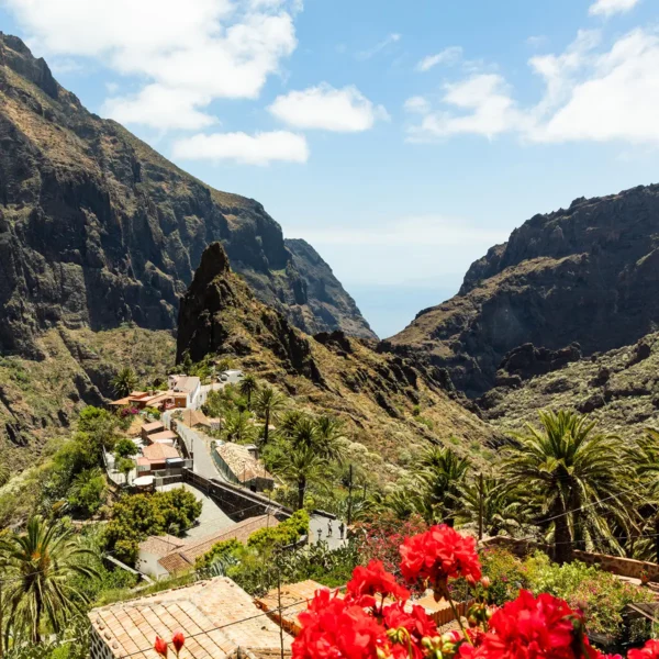 Caserío de Masca en el barranco con palmeras y paisaje montañoso en Tenerife