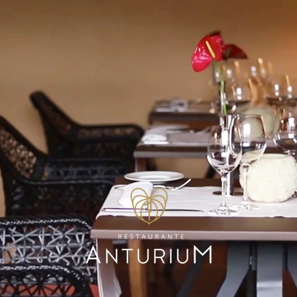 Mesa del restaurante Anturium con detalle de copa y flor en el Hotel San Roque
