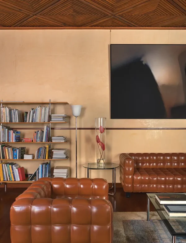 Salón con biblioteca, sofá de cuero y obra de arte contemporáneo en el Hotel San Roque